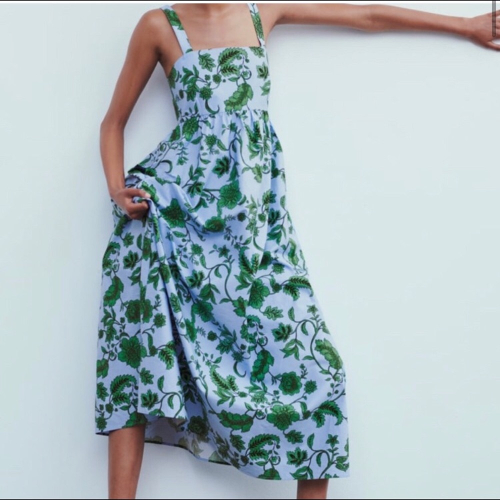 NWOT Zara Floral Printed Maxi Midi Dress Blue Green